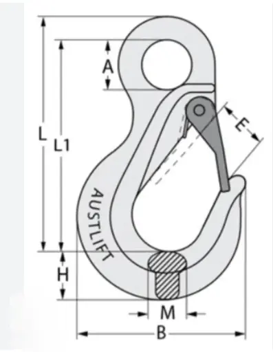 EYE SLING HOOK WITH SAFETY LATCH GRADE 80 PAINTED YELLOW 8.2T